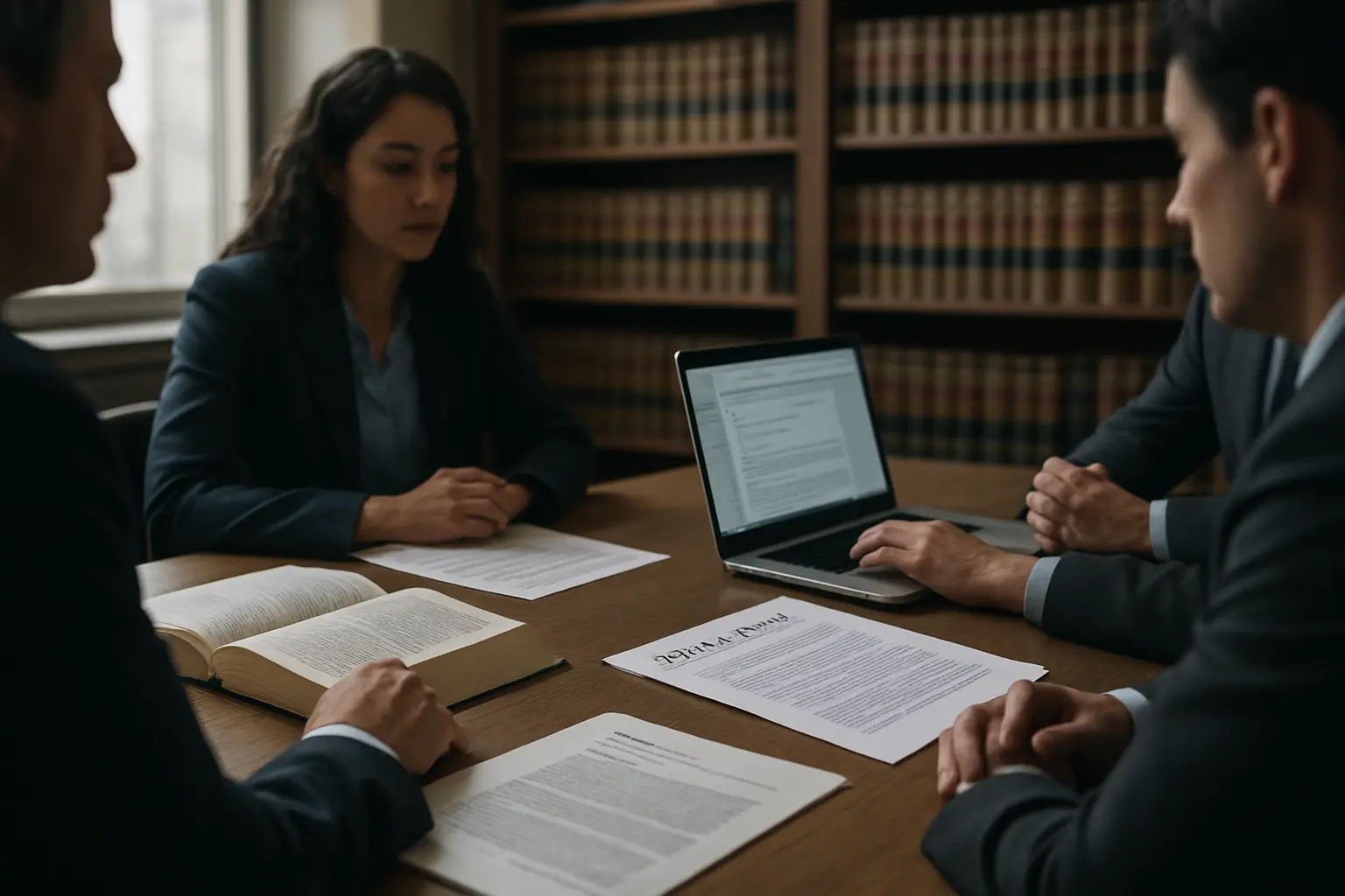 Law faculty committee reviewing a printed AI policy draft beside case-law reporters