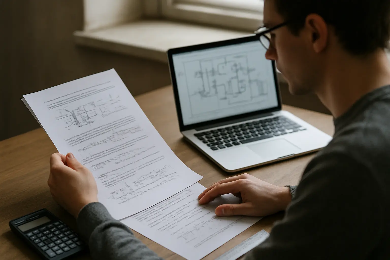 An engineering supervisor reviewing a technical diagram and equation-heavy chapter at a desk