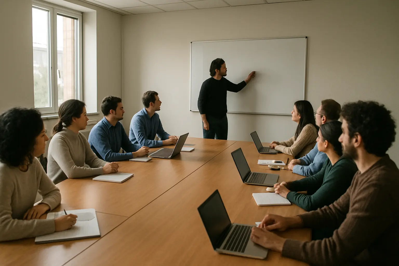 A doctoral seminar room mid-session, a mixed group at a long table