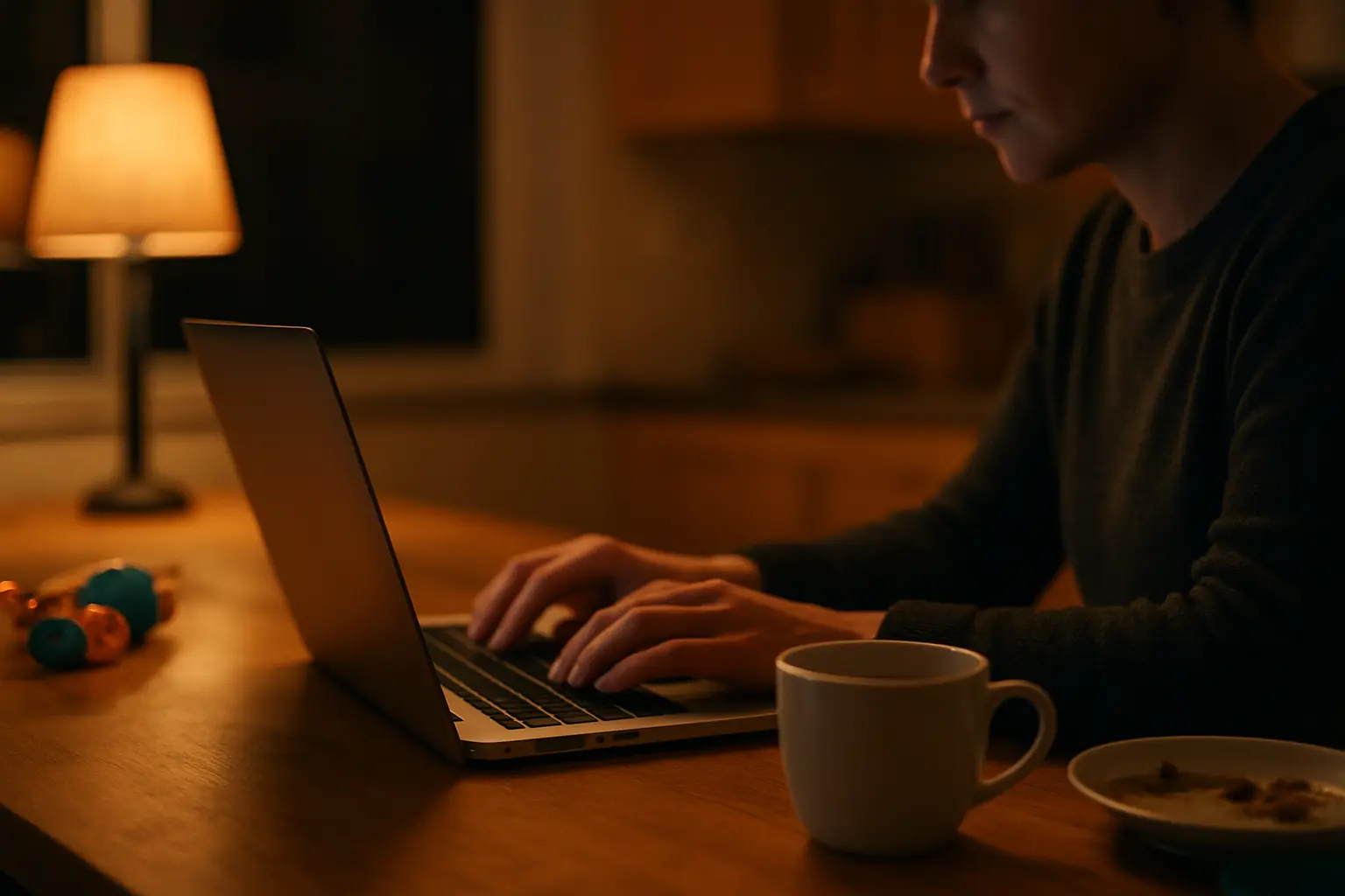 A person working on a laptop at a kitchen table in the evening after a full working day