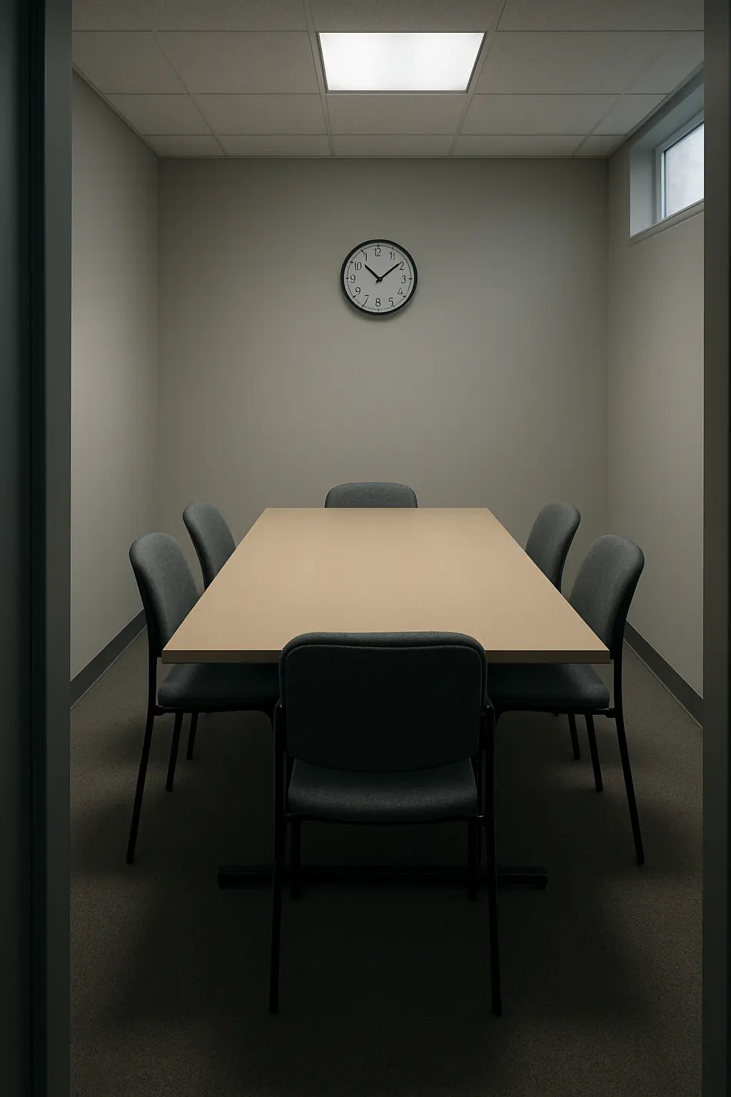 A committee room with a wall clock above an empty table