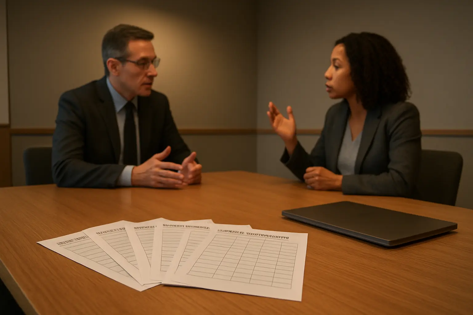 Procurement committee comparing vendor documentation across a boardroom table