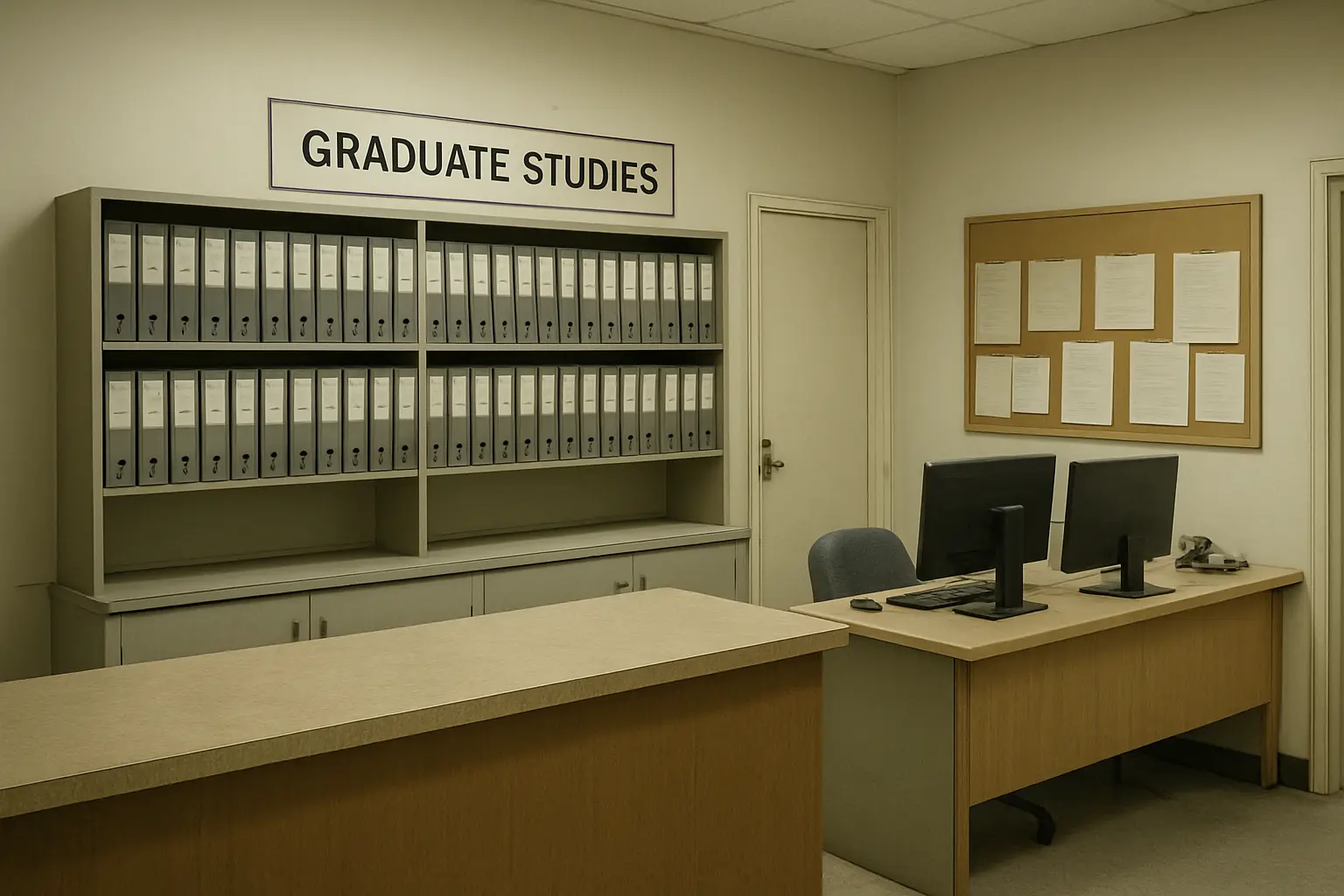 A graduate school administrative office with a wall of policy binders