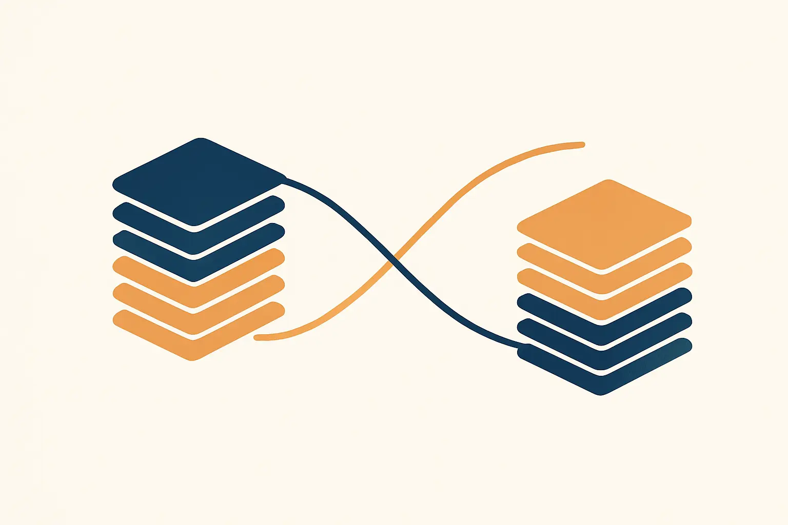 Two separate stacks of screened papers converging into one reconciled stack, representing dual-reviewer screening