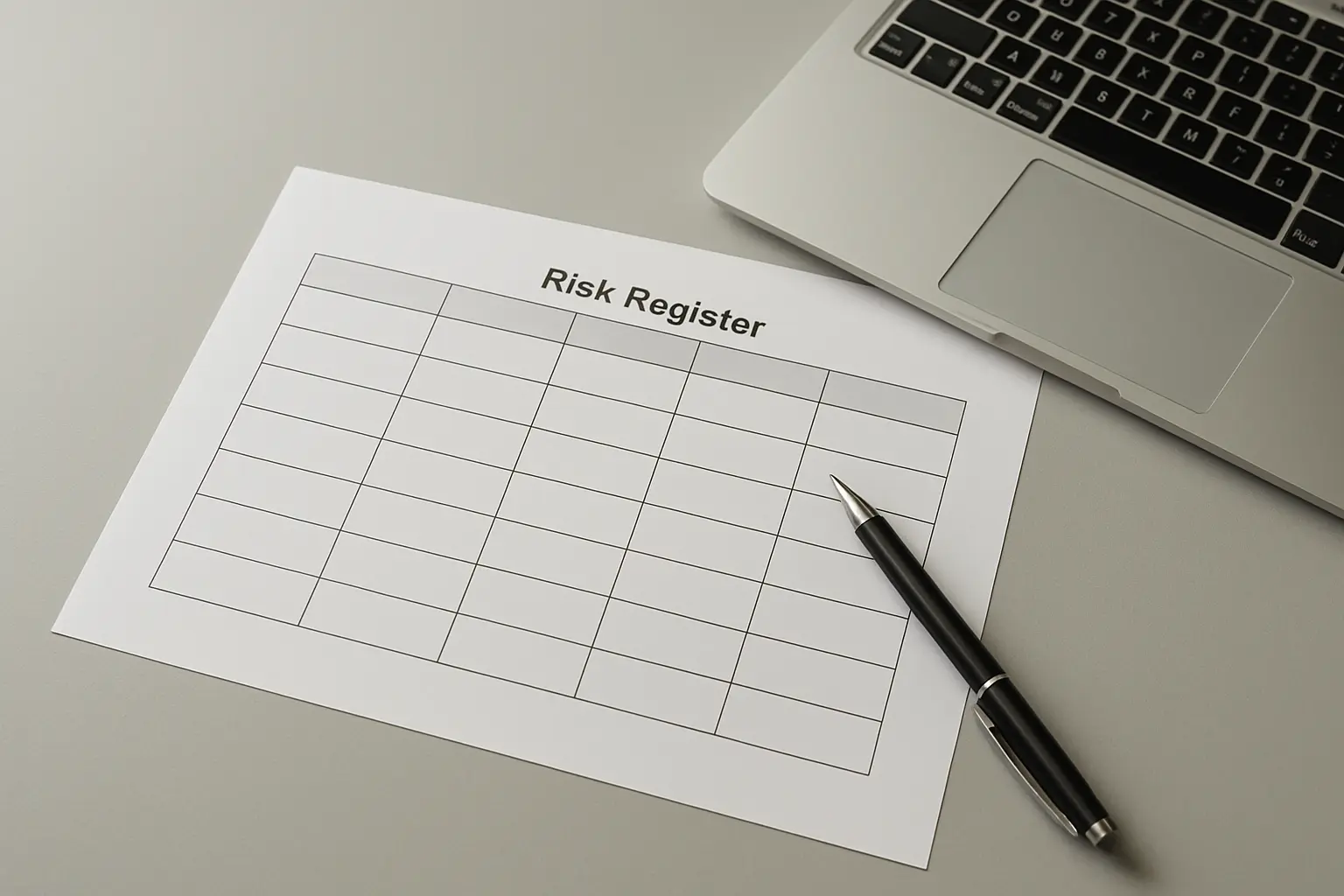 Printed risk register on a desk beside a laptop