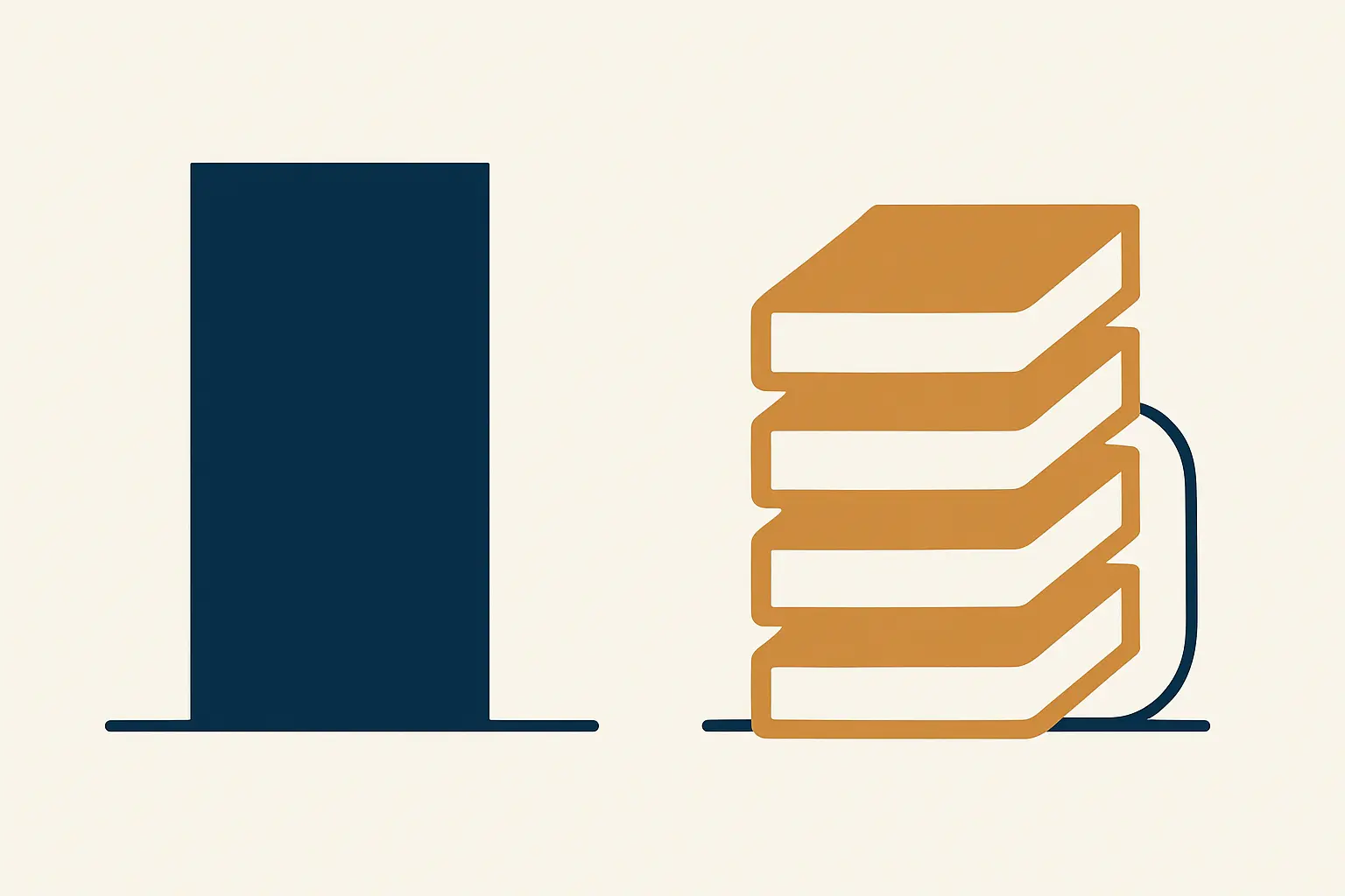 A single long monograph document beside a stack of shorter linked papers with a thin connecting thread, representing two thesis structures