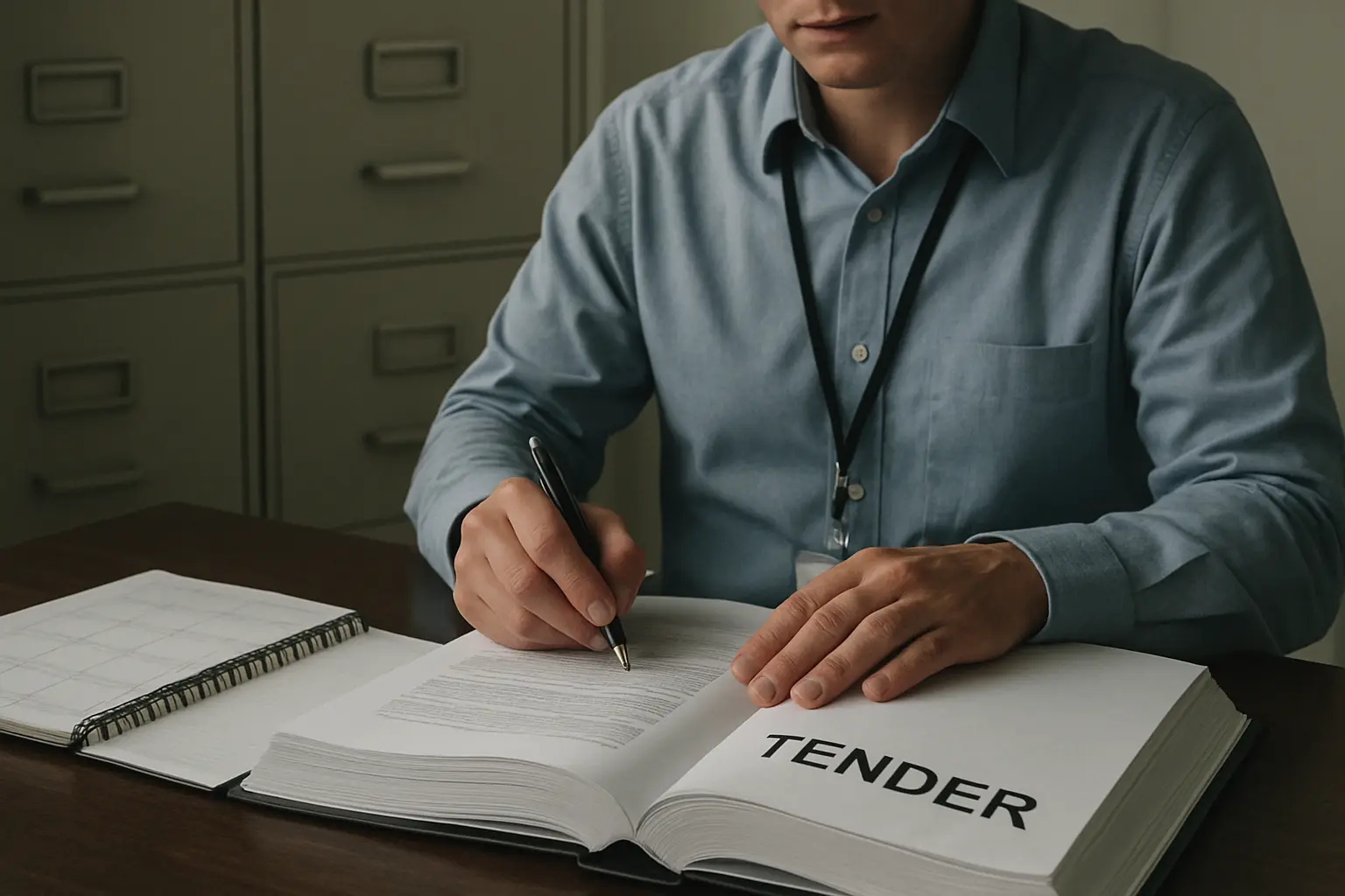 A procurement officer reviewing a tender document alongside a calendar planner