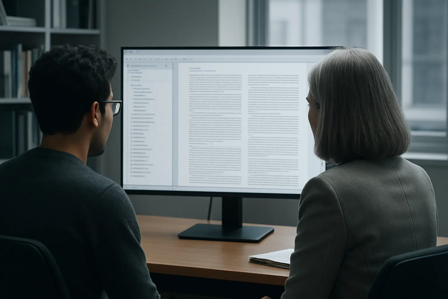 A supervisor and a candidate reviewing a long structured document together on screen