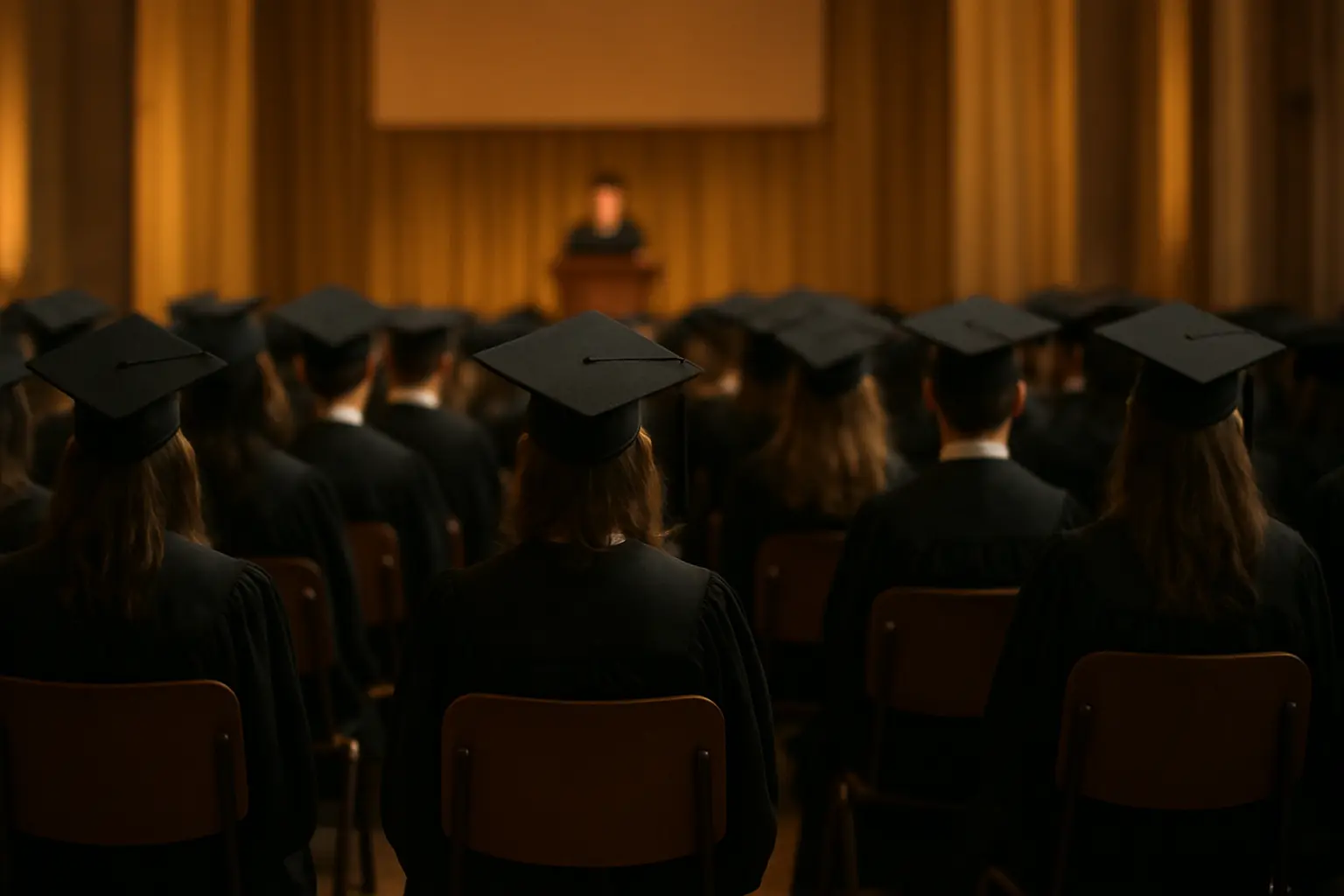 A graduation ceremony with one empty seat in the front row