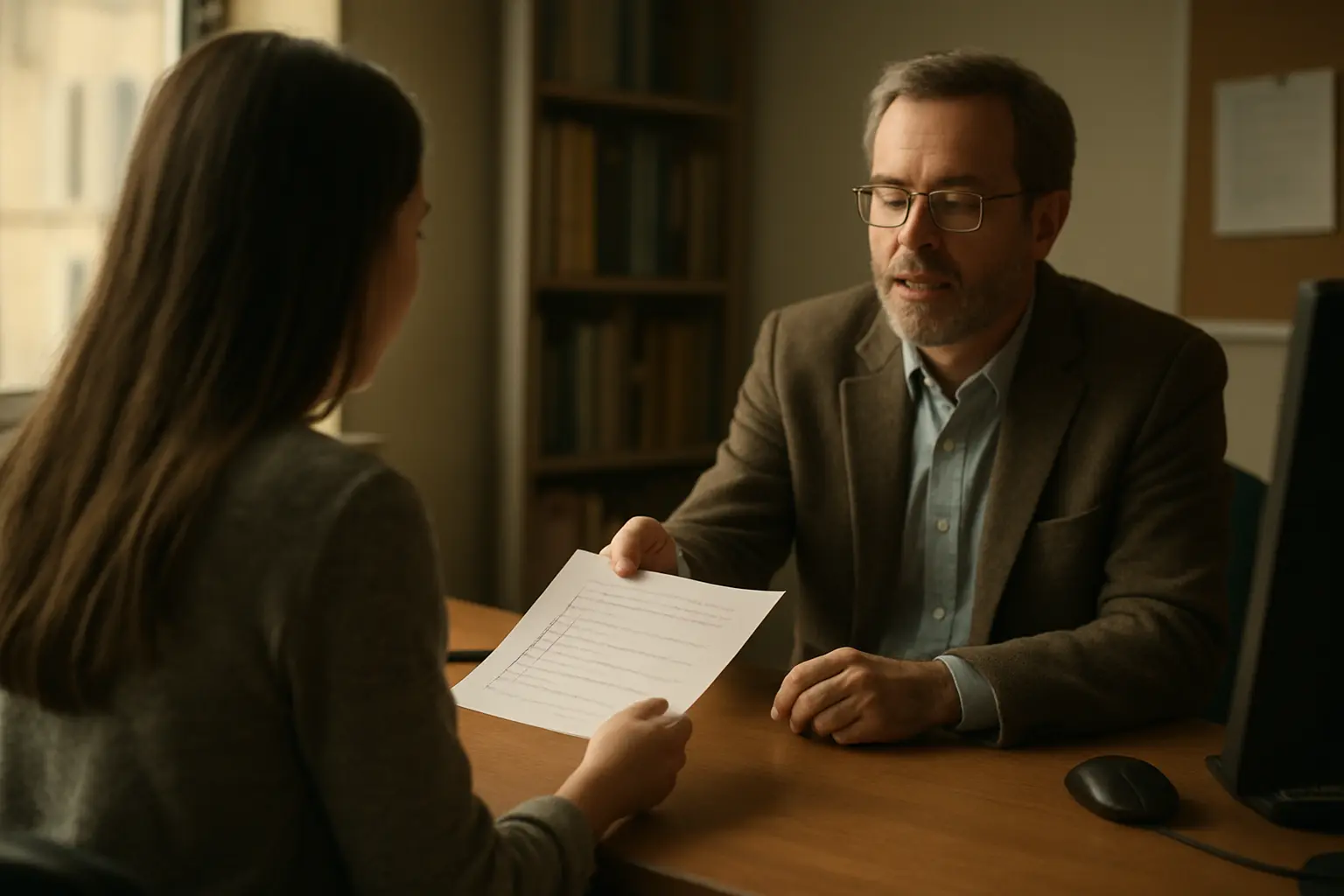 A student handing a signed ethics checklist to a departmental officer at a desk, rather than to a large committee table