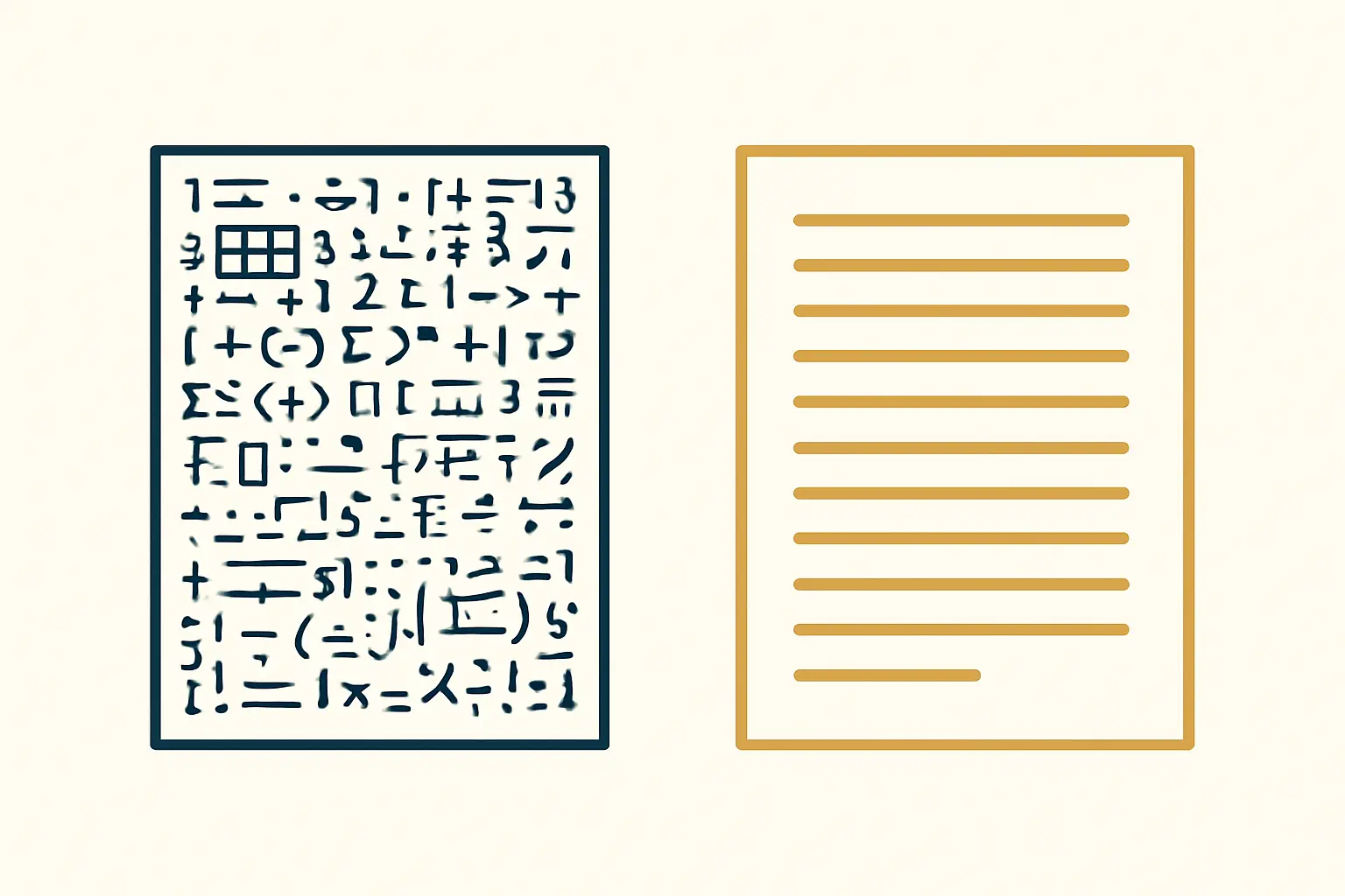 A dense technical document full of numbered equations and cross-references, next to a plain prose document, representing two very different review tasks
