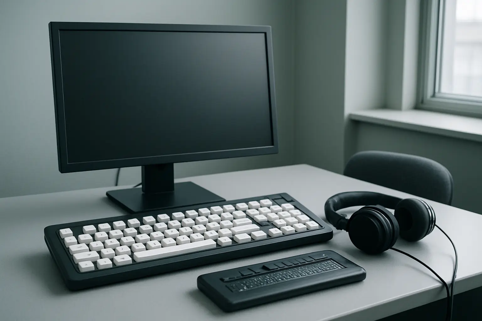 A workstation set up with assistive input and output devices