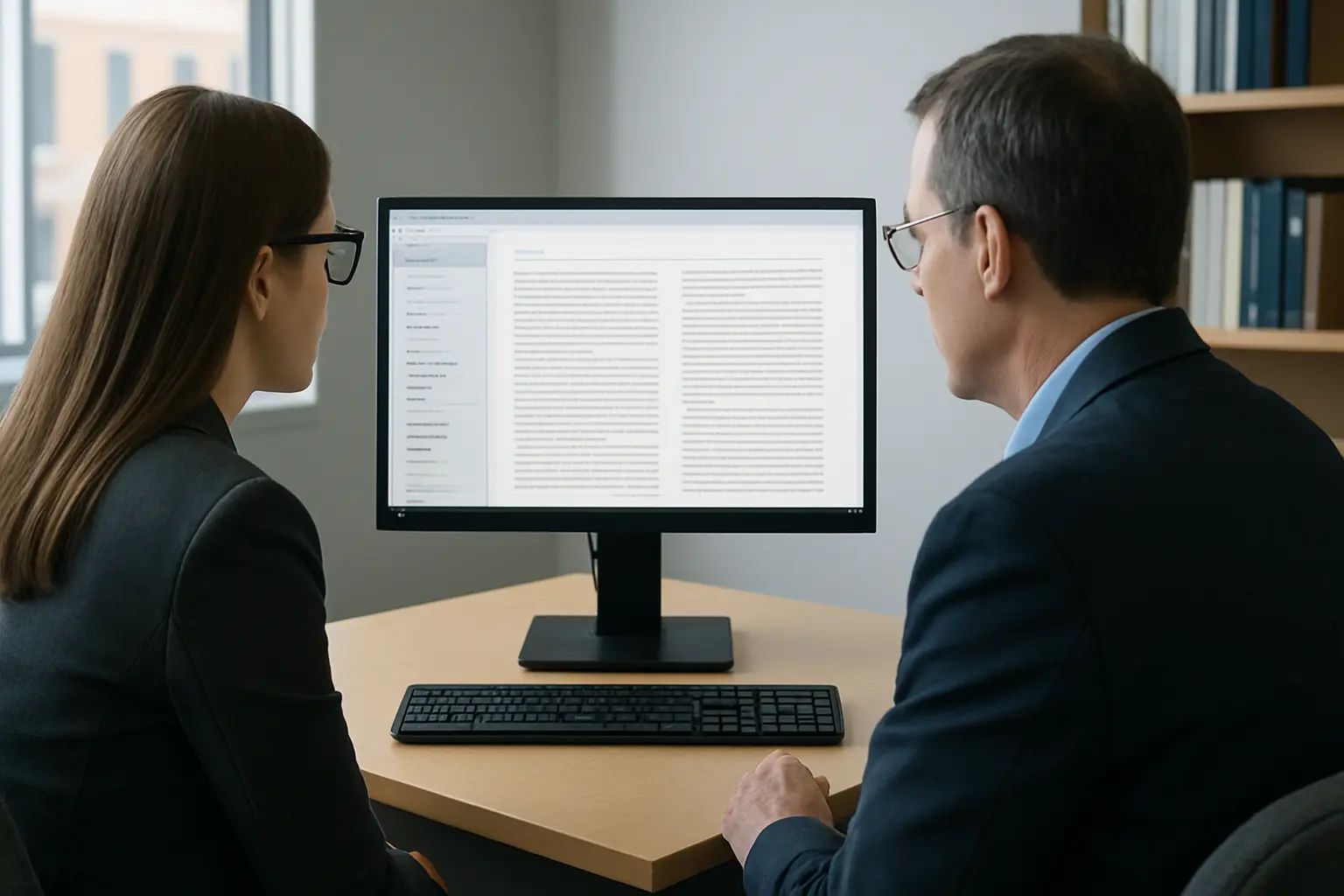 A supervisor and doctoral candidate reviewing a structured thesis document together