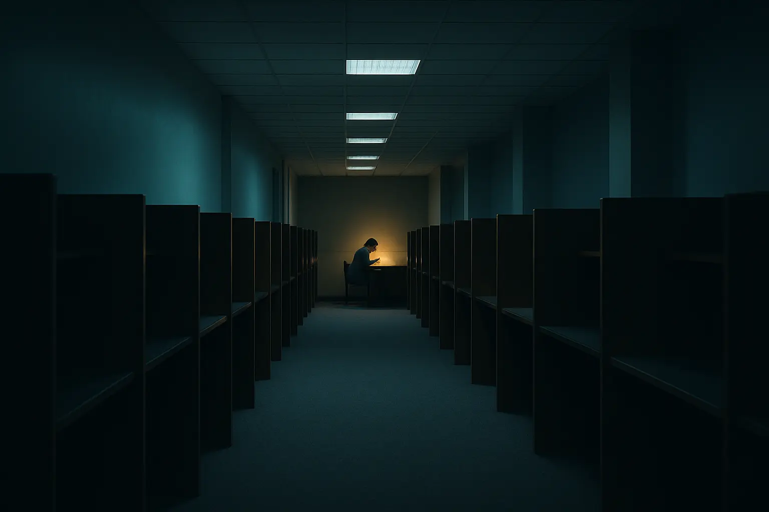 A long empty corridor of study carrels with one occupied desk at the far end