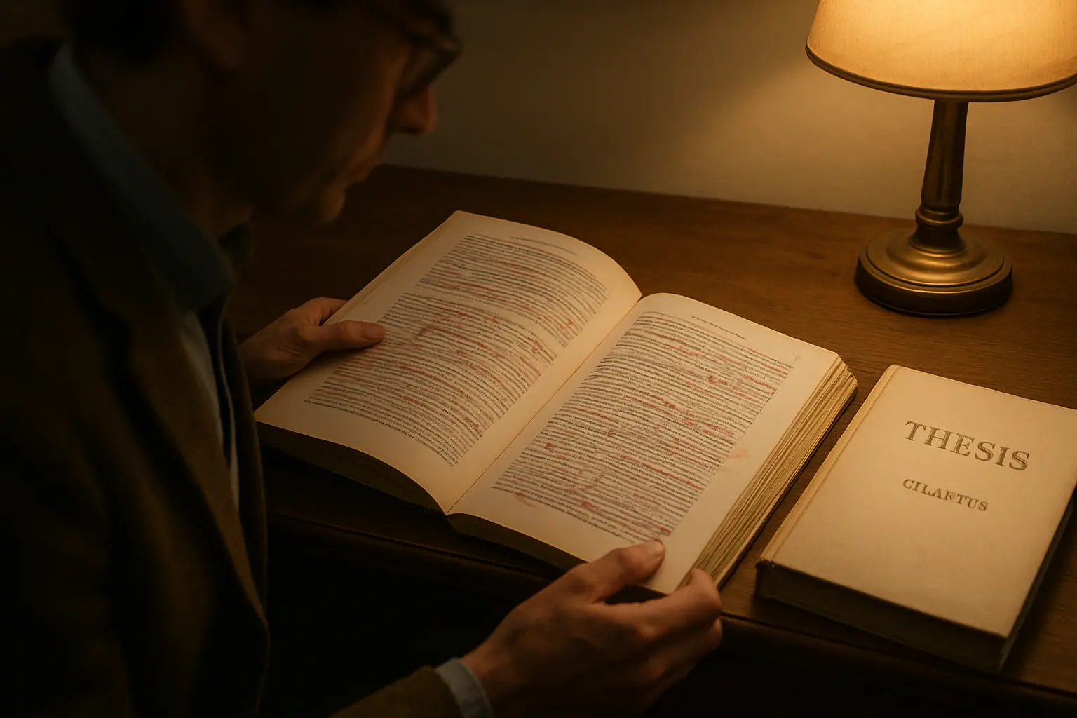 An examiner at a desk re-reading an annotated thesis chapter beside a second copy