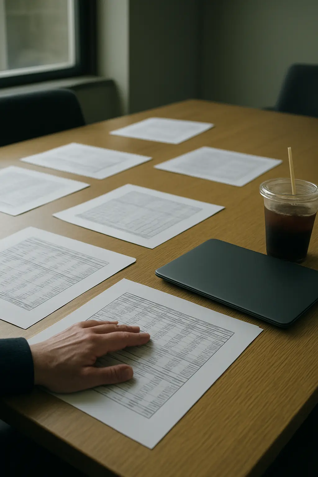 Printed enrolment tables spread across an institutional meeting table during a planning session