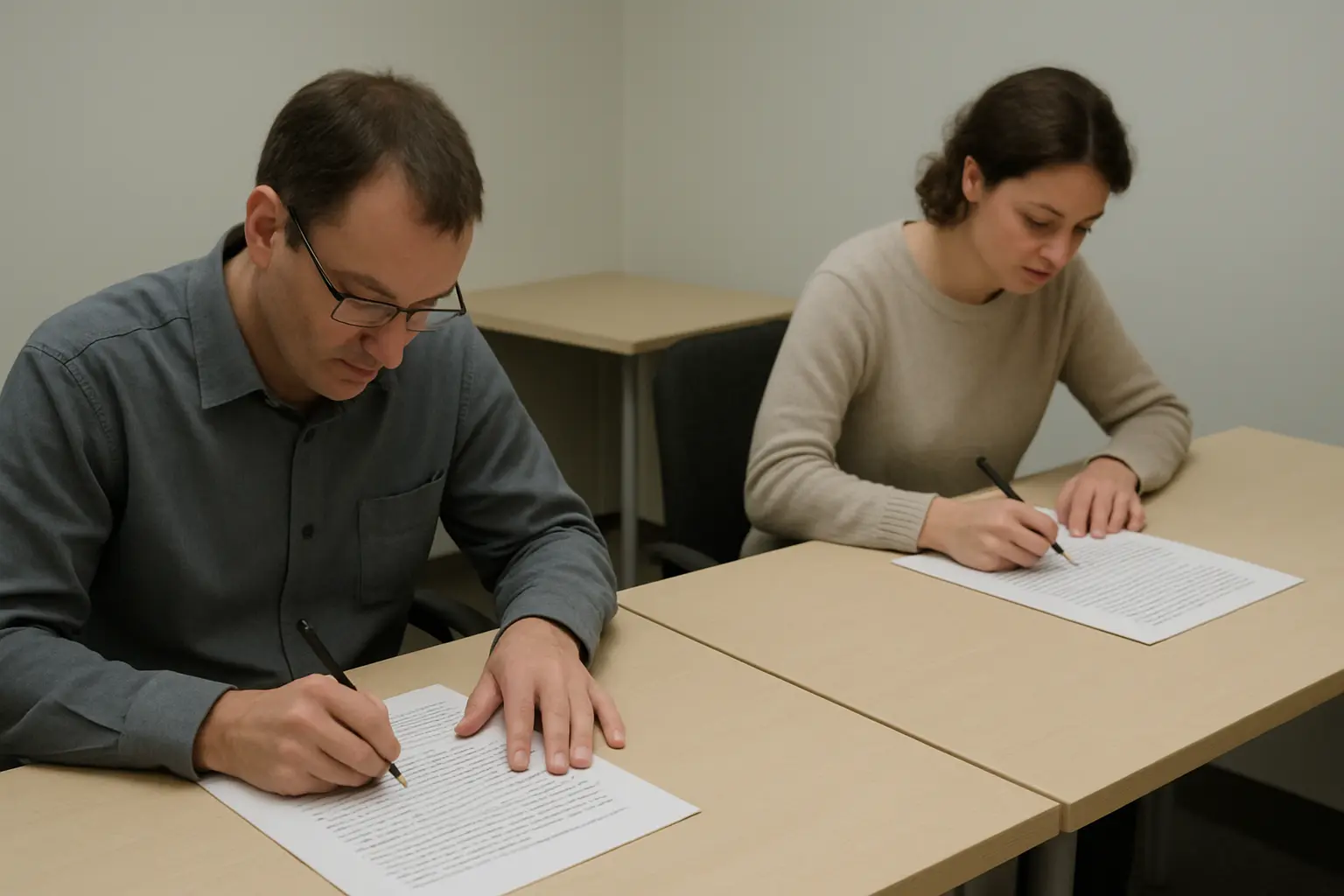 Two academics at separate desks each annotating an identical printed script