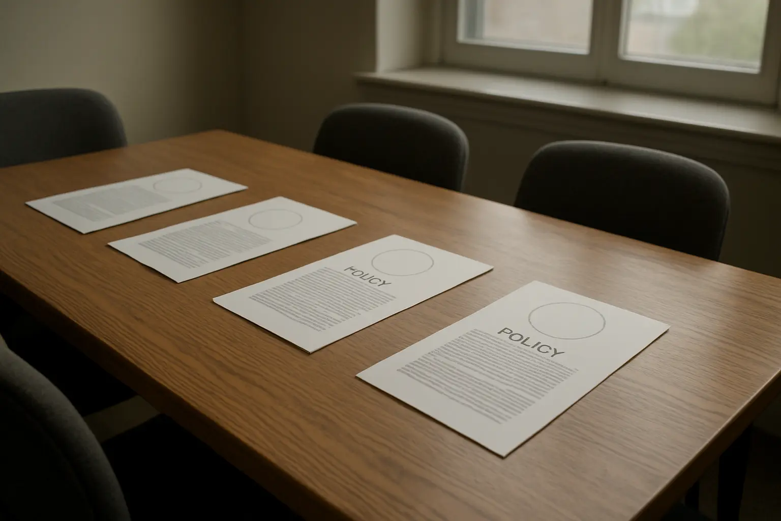A committee table with four separate faculty-specific policy sheets instead of one shared university-wide sheet