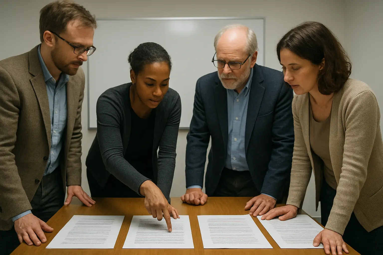 Four academics comparing annotated copies of the same sample script