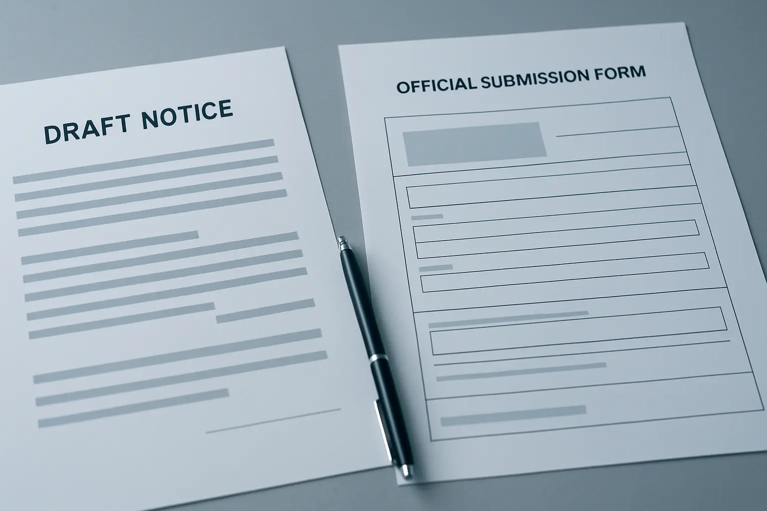 A drafted notice to students on a desk beside a regulator's submission form