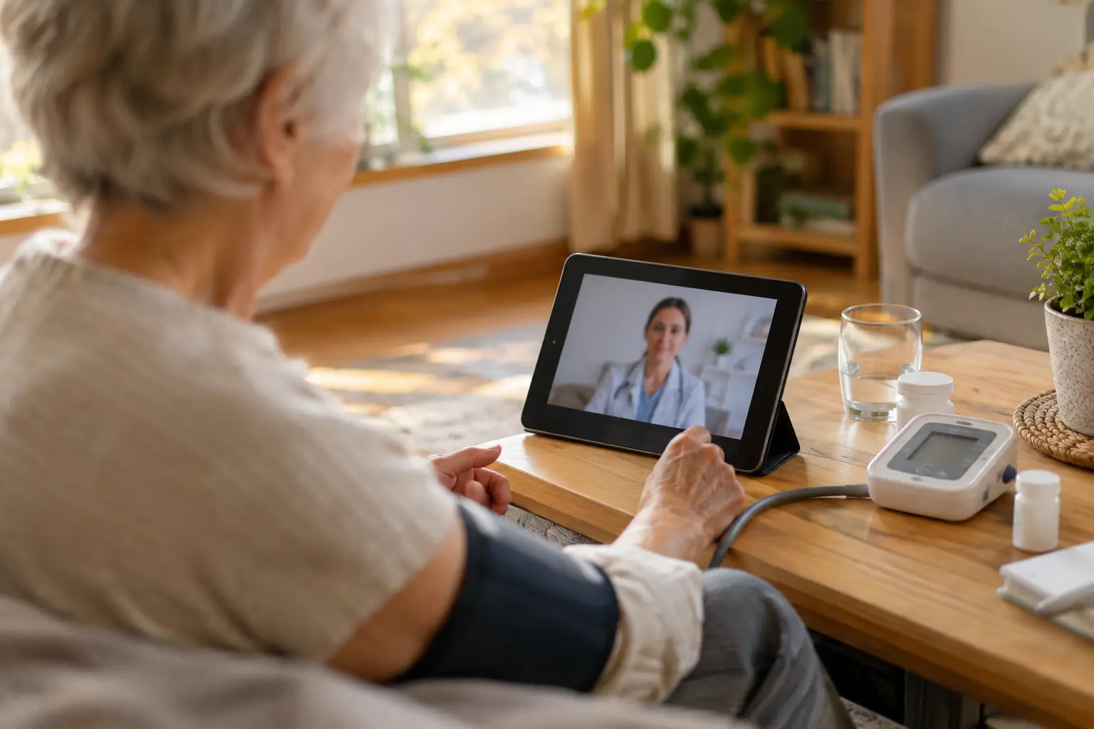 An elderly patient using a tablet for a remote health monitoring check at home