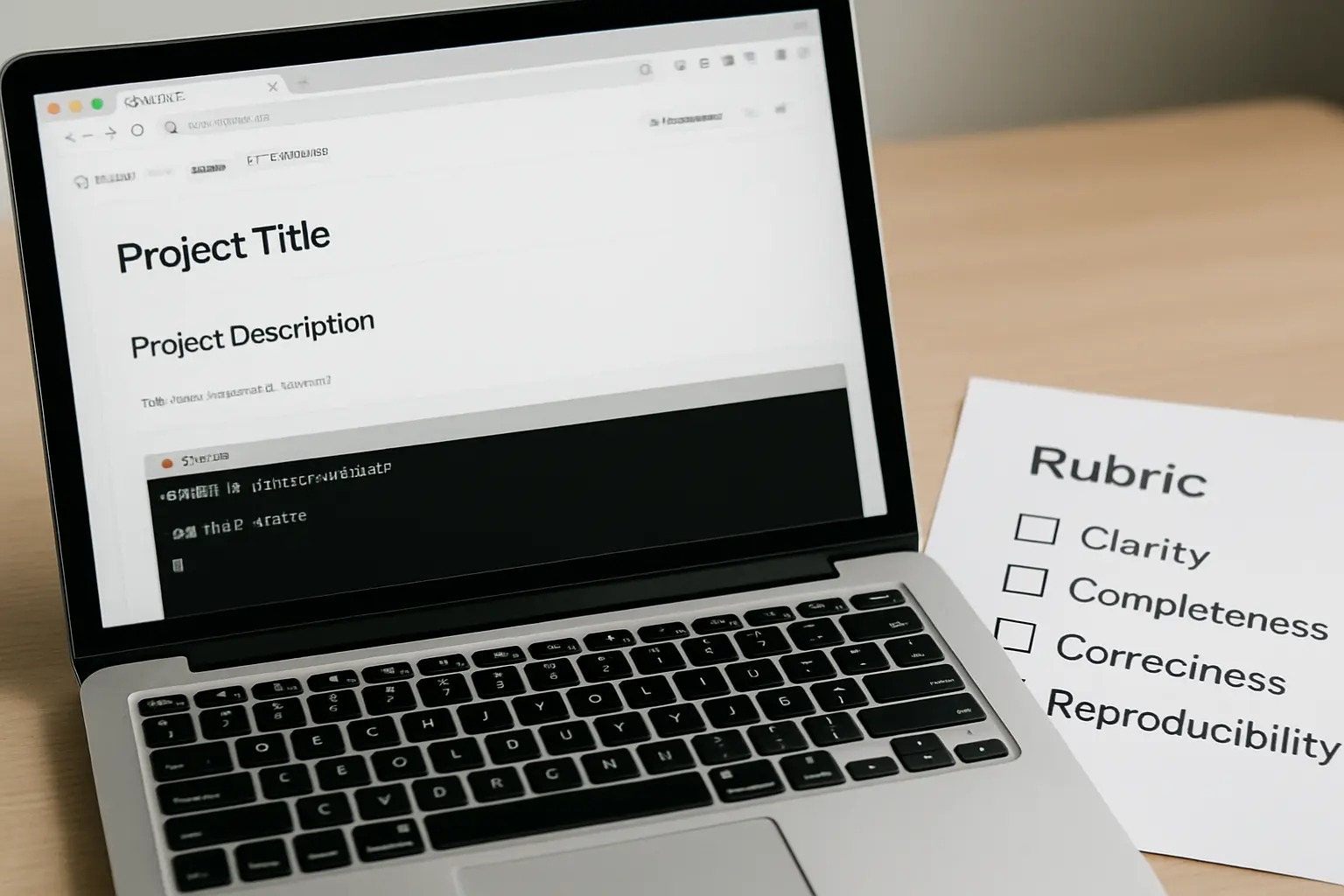 A laptop screen shows a code repository with a README and a terminal running a reproducibility test next to a printed rubric checklist
