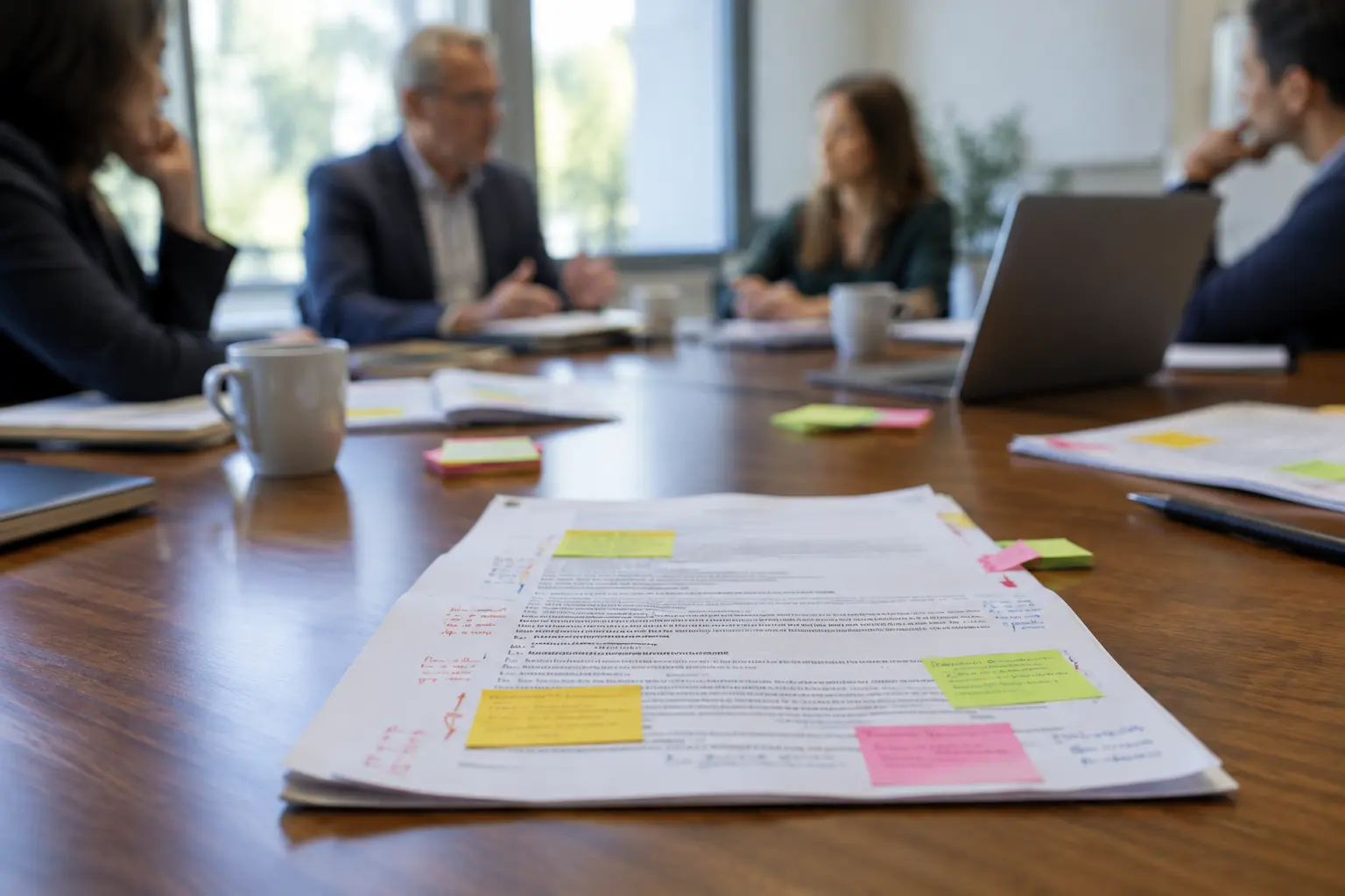 A printed thesis proposal marked up with sticky notes on a meeting table