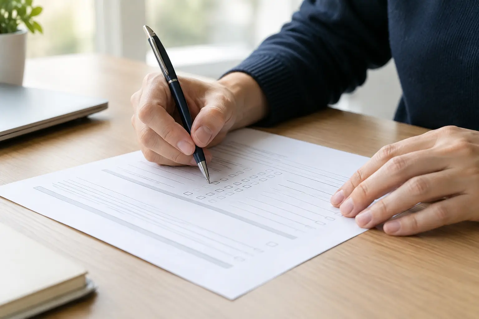 Hands filling out a paper survey questionnaire form with a pen