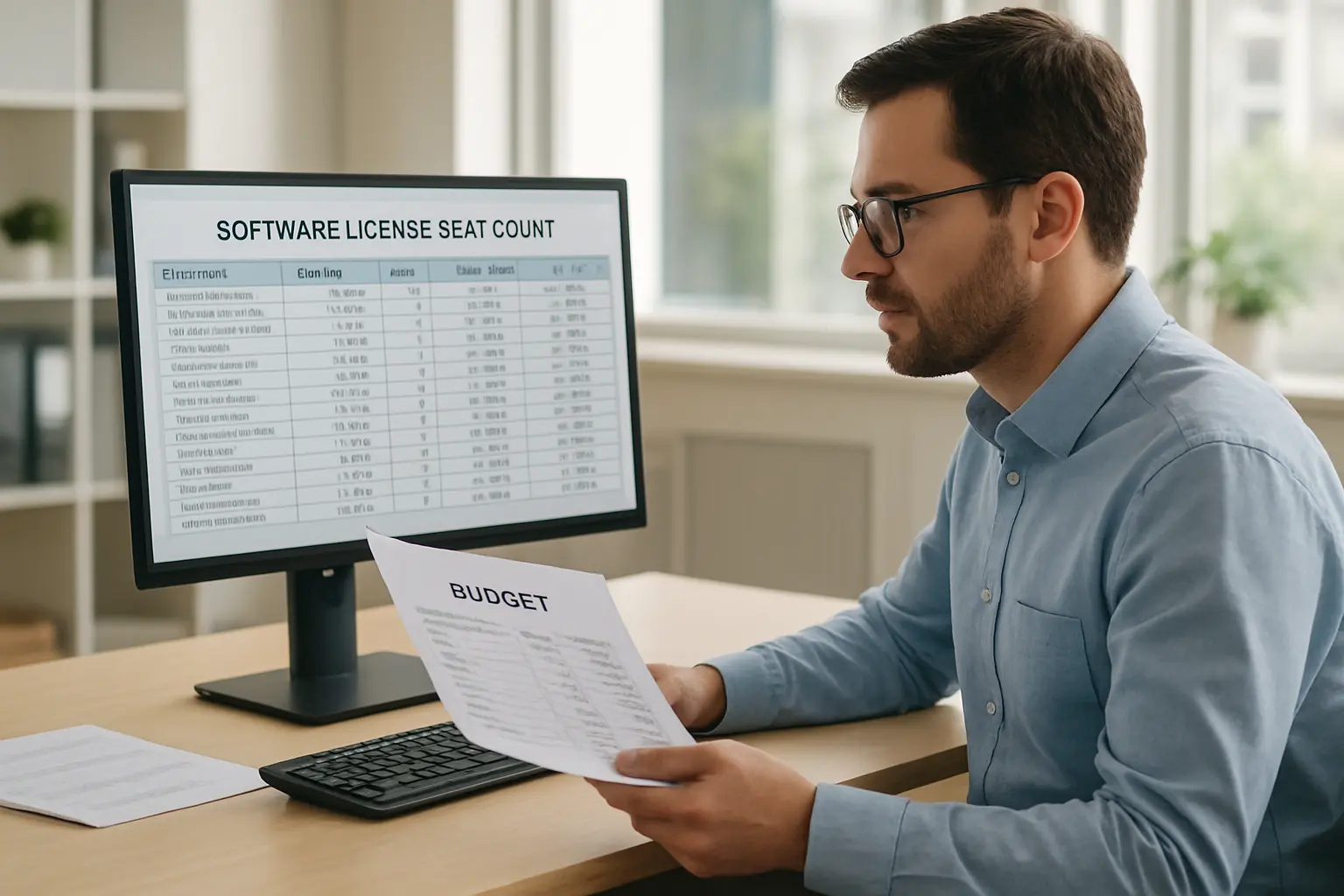 A procurement officer reviews a software licence seat-count spreadsheet alongside a printed budget document