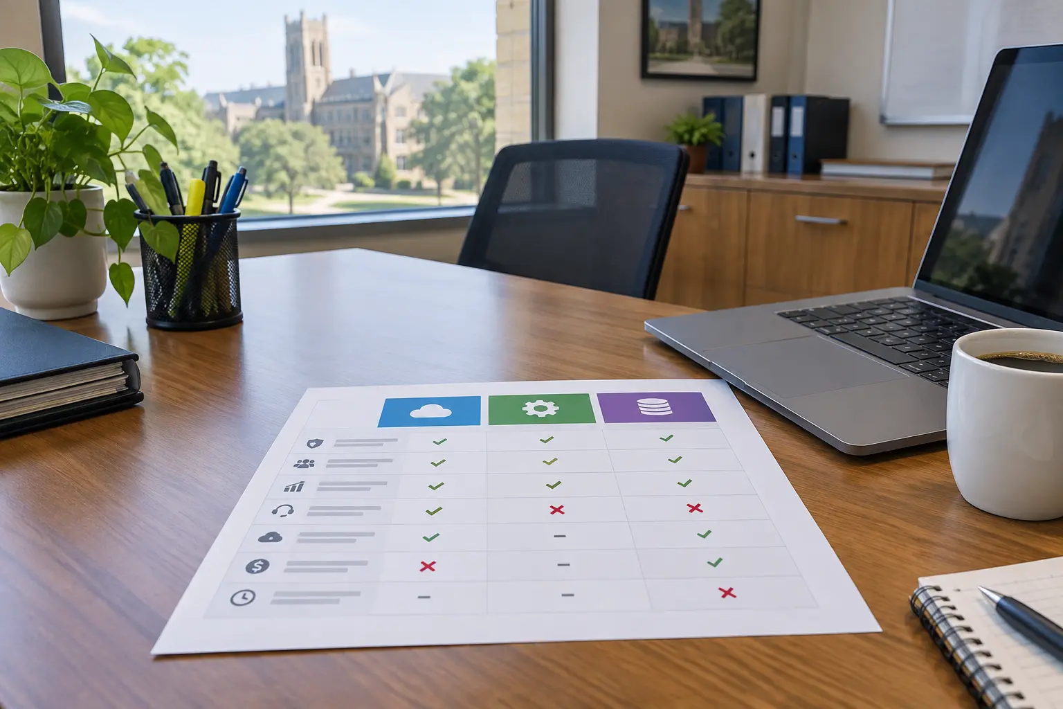 A procurement office desk with a printed software comparison chart
