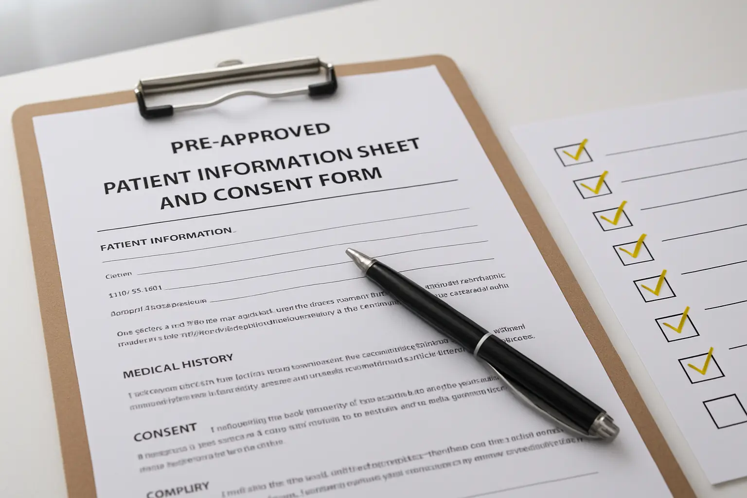 A pre-approved patient information sheet and consent form template on a clipboard with a highlighted checklist