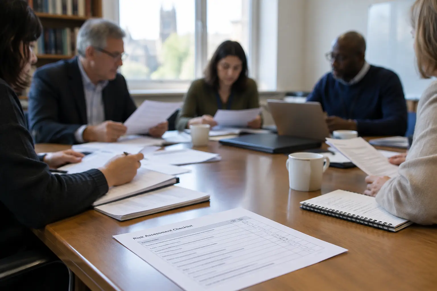 A committee reviewing a printed risk-assessment checklist around a table