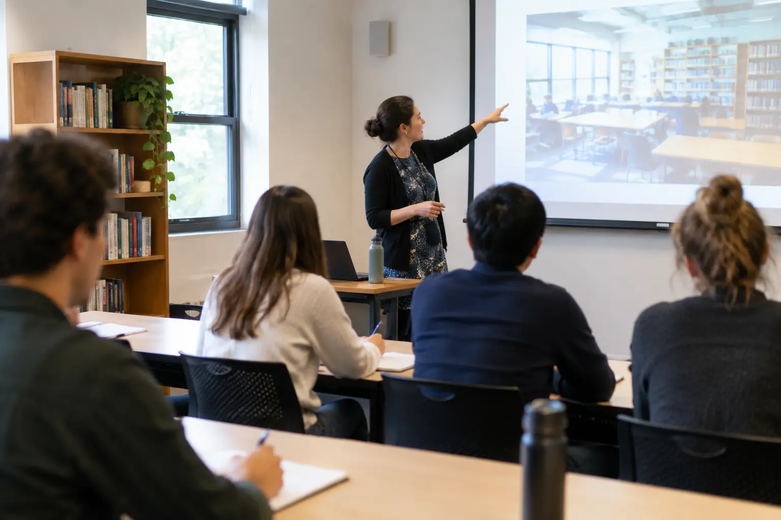 A librarian leading a small seminar room orientation session while students take notes