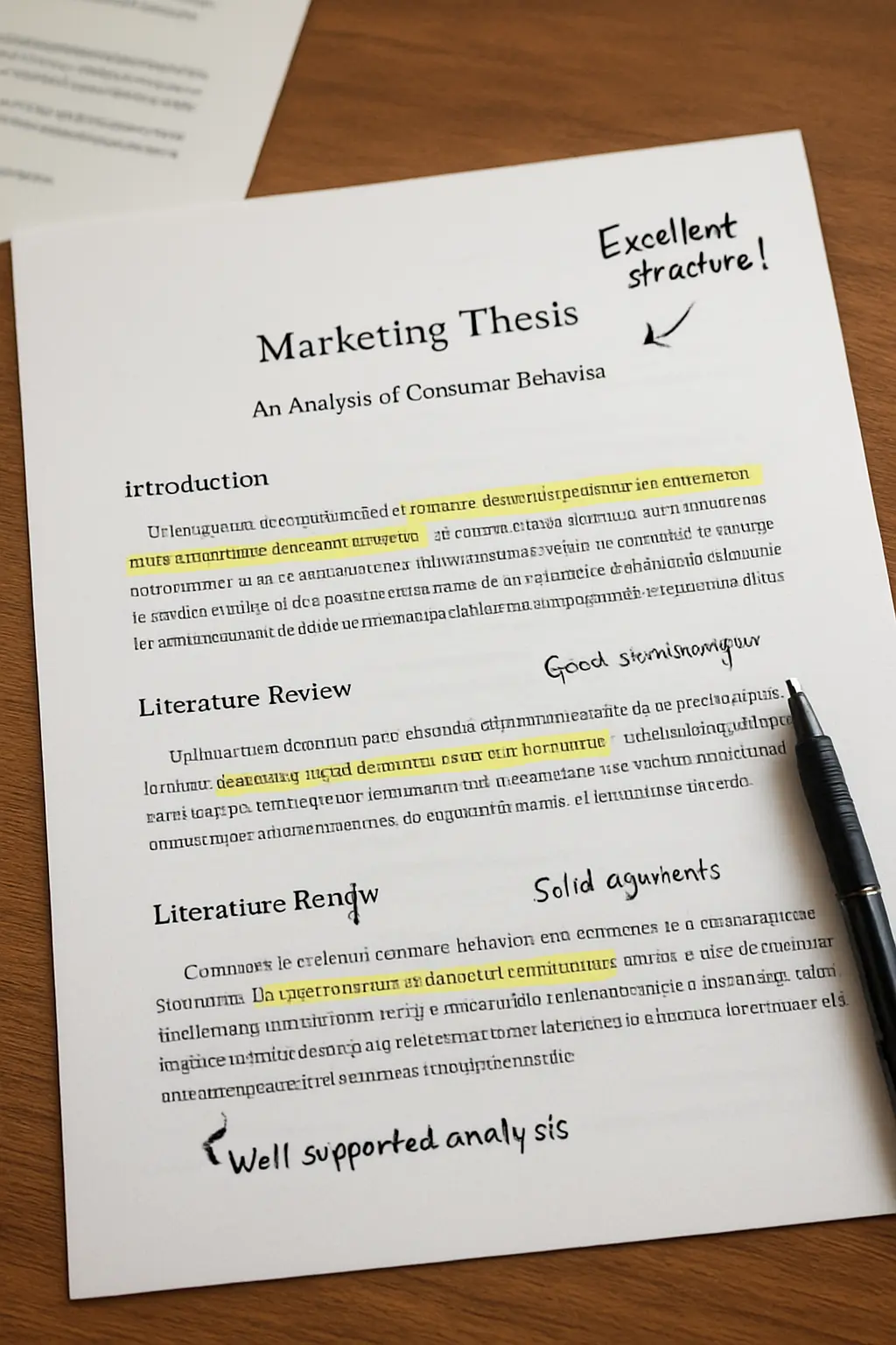 A printed thesis exemplar with marginal annotations explaining why specific sections earned high marks