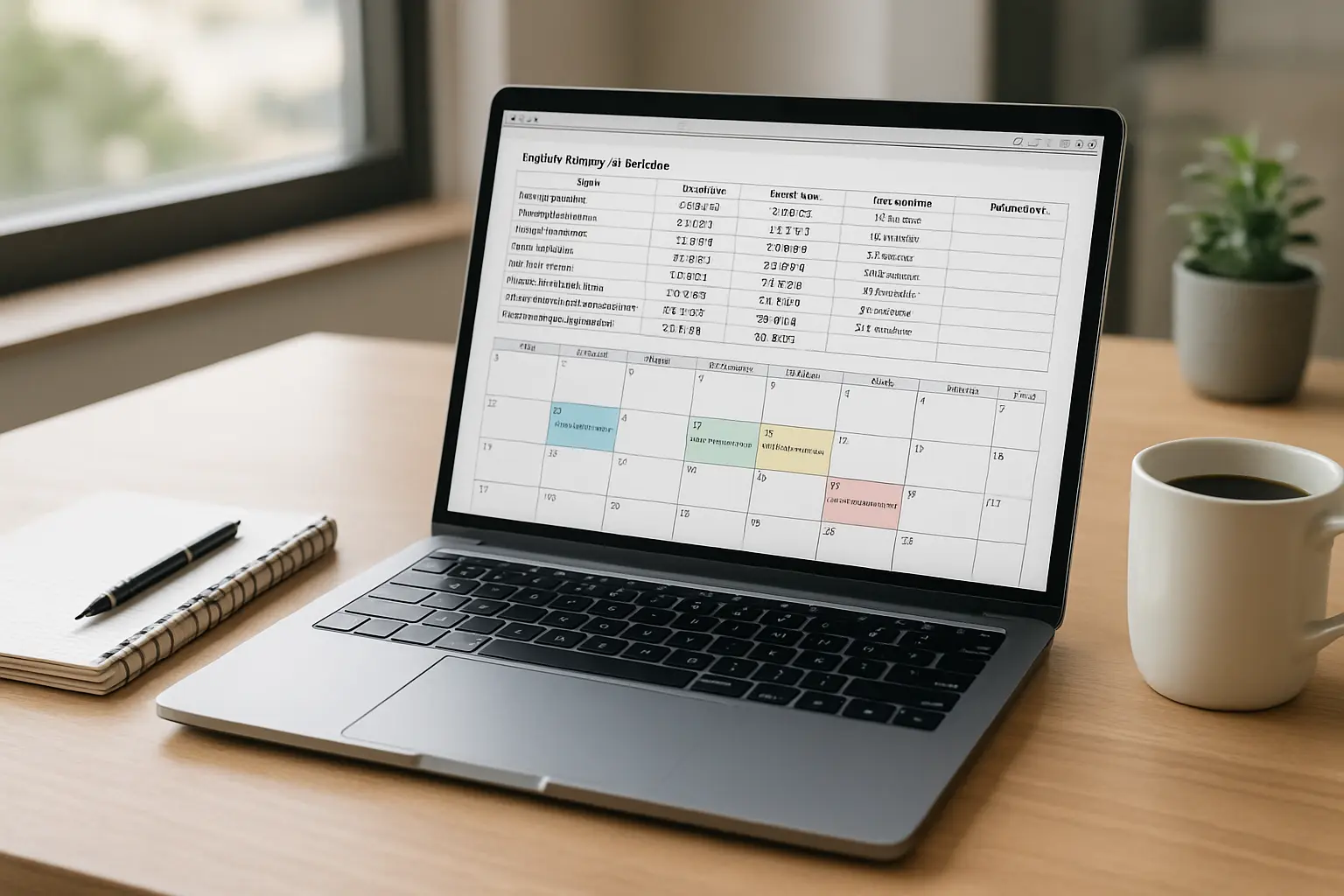 A laptop screen shows a batch ethics-review schedule aligned to the thesis proposal calendar on an administrator's desk