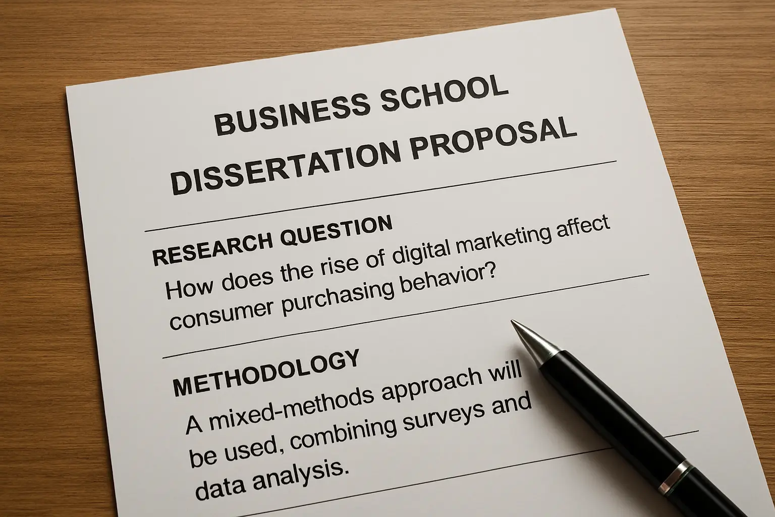 A business school proposal-review committee meeting reviews a stack of dissertation proposal submissions