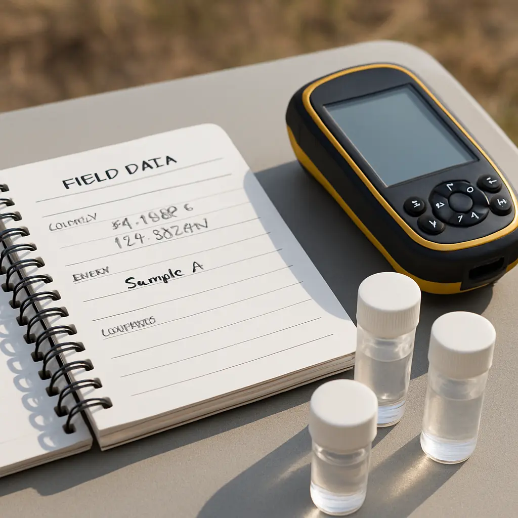 A field notebook with GPS coordinates and specimen labels next to a handheld GPS device and sample vials on a field table
