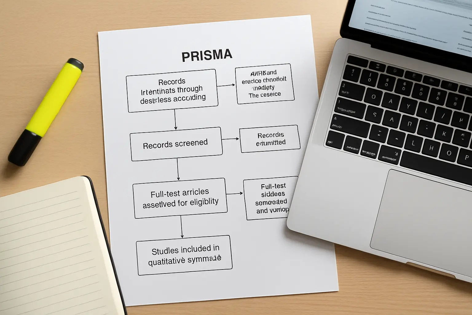 A printed search-strategy flow diagram next to a laptop displaying an academic database search interface