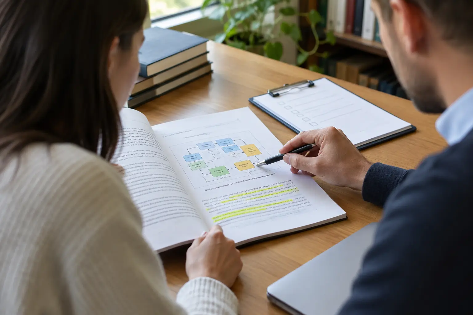 A supervisor and student reviewing a printed thesis chapter with a checklist
