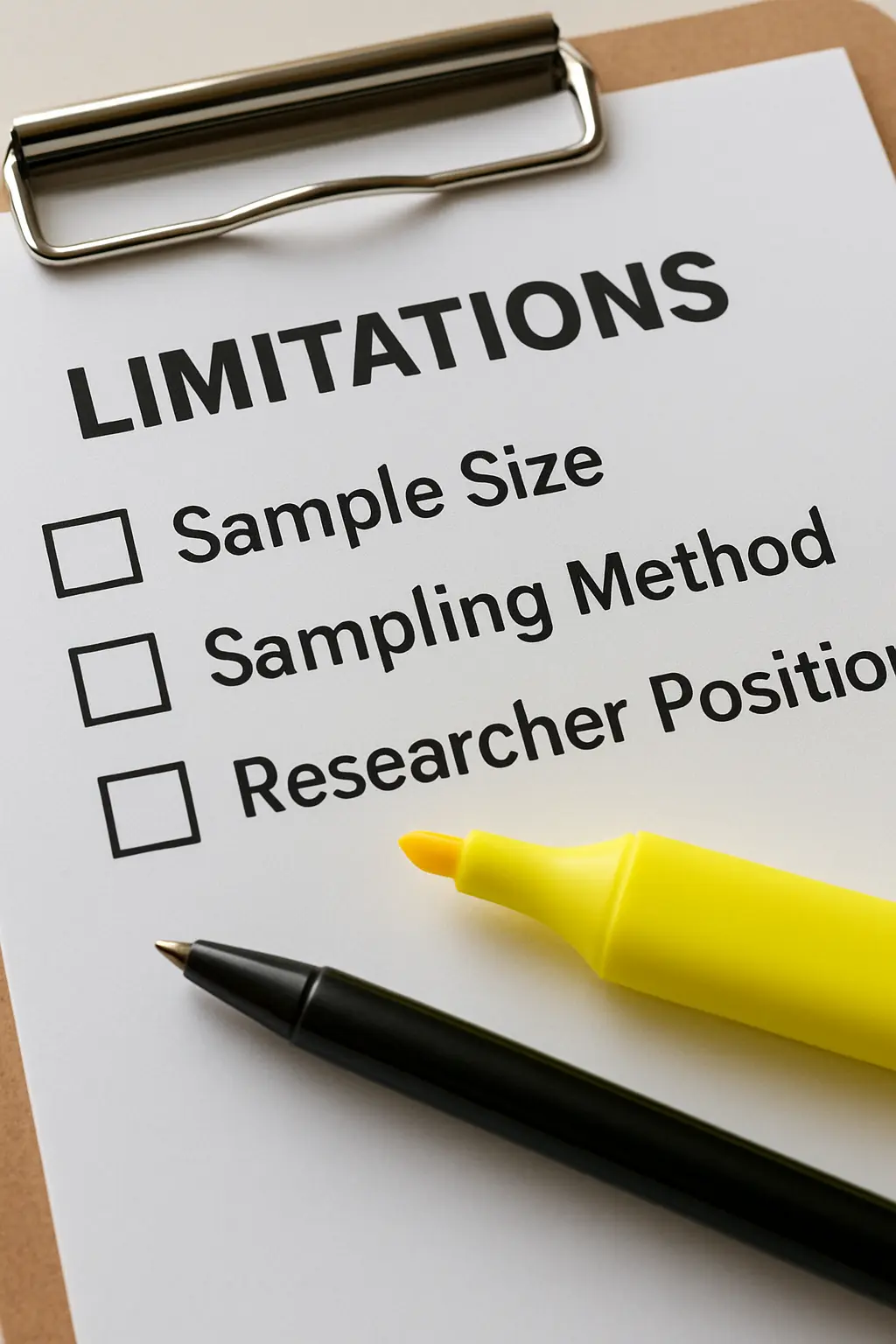 A printed limitations-section checklist on a clipboard with categories for sample size, sampling method and researcher position