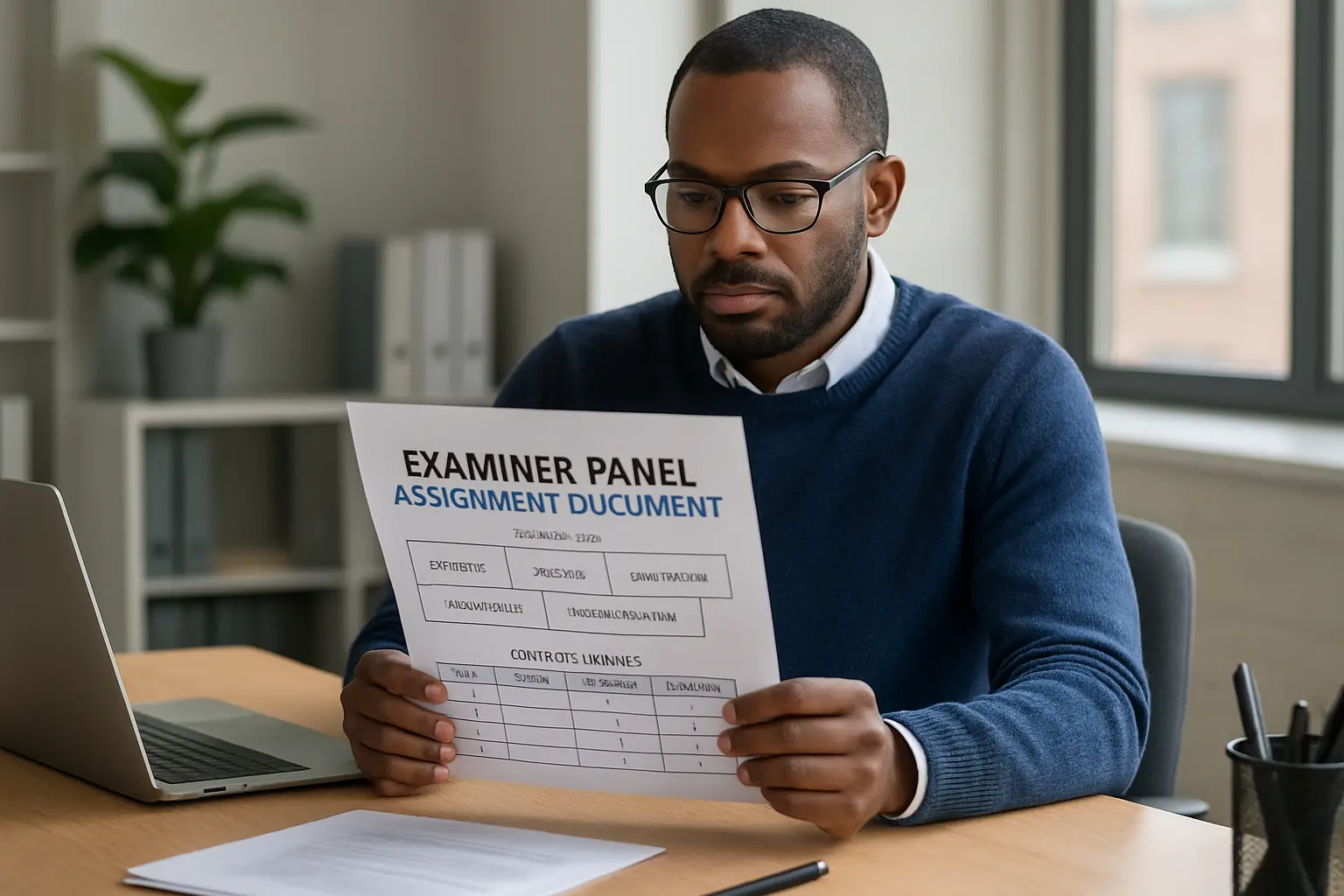 A graduate school administrator reviews an examiner-panel assignment document and a scoring rubric template