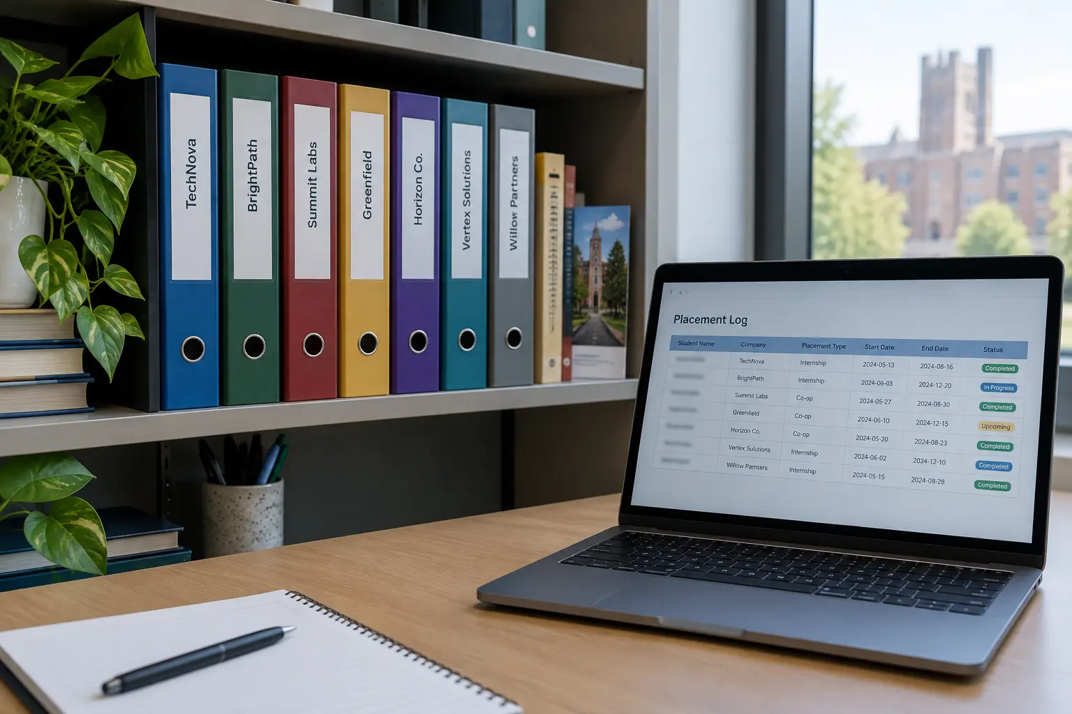 A tabbed binder on a shelf next to a laptop showing a placement log