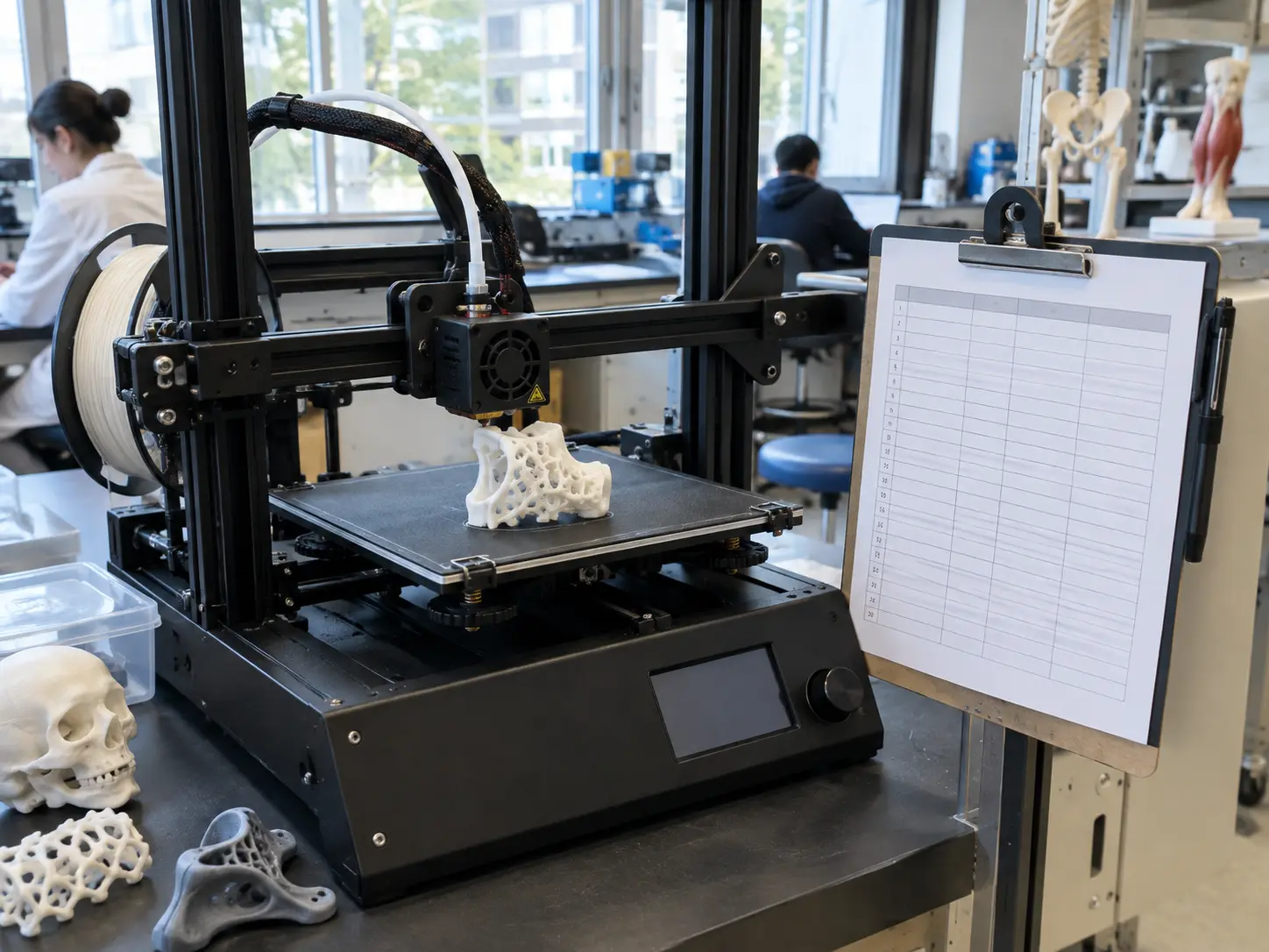 A shared 3D printer in a lab with a booking sign-up sheet clipped nearby