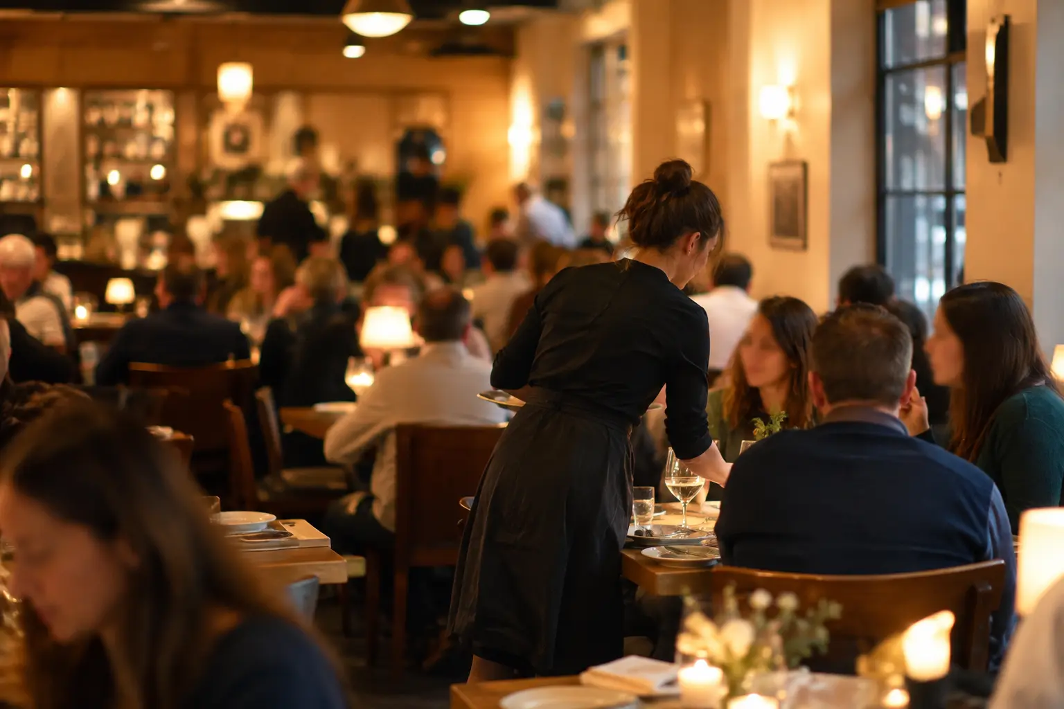 A server attending to guests in a busy restaurant dining room