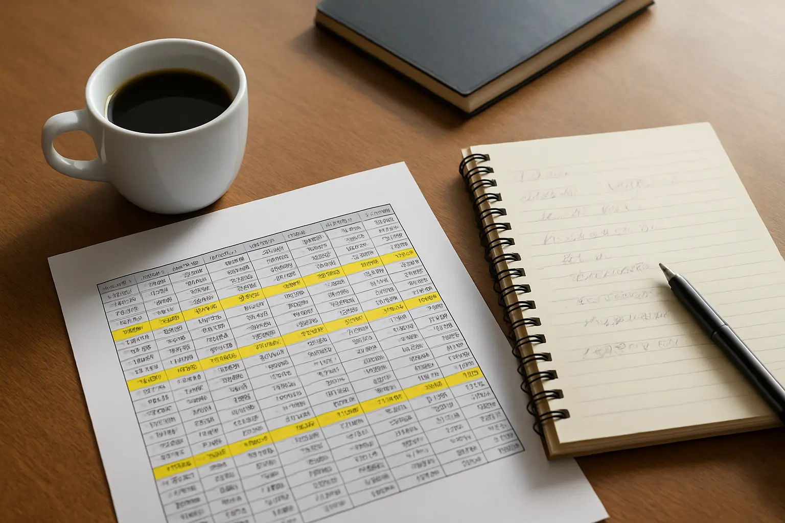 A researcher reviews a printed data table with highlighted rows on an office desk