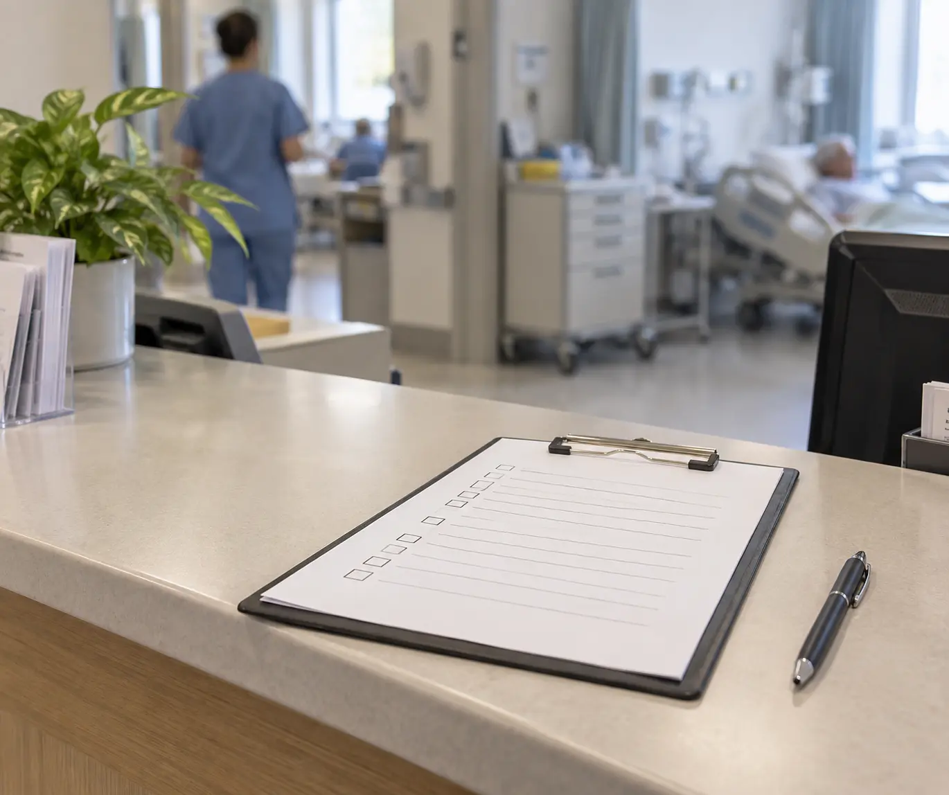 A one-page feasibility pre-check form on a clipboard at a hospital ward desk