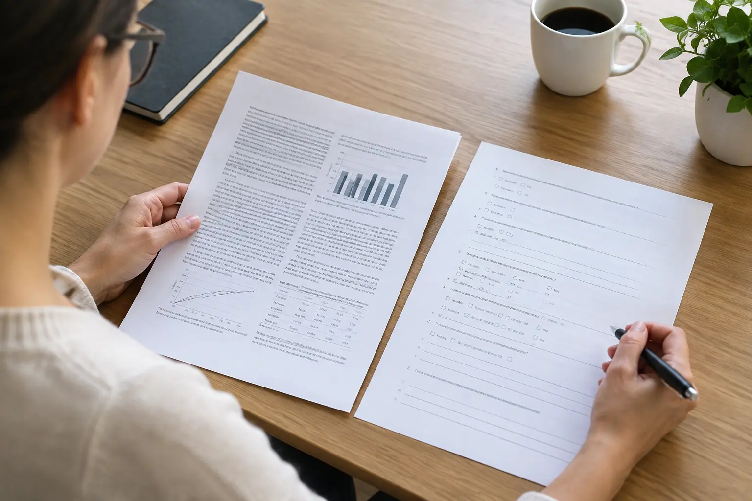A researcher reviewing a printed journal article and a questionnaire form on a desk