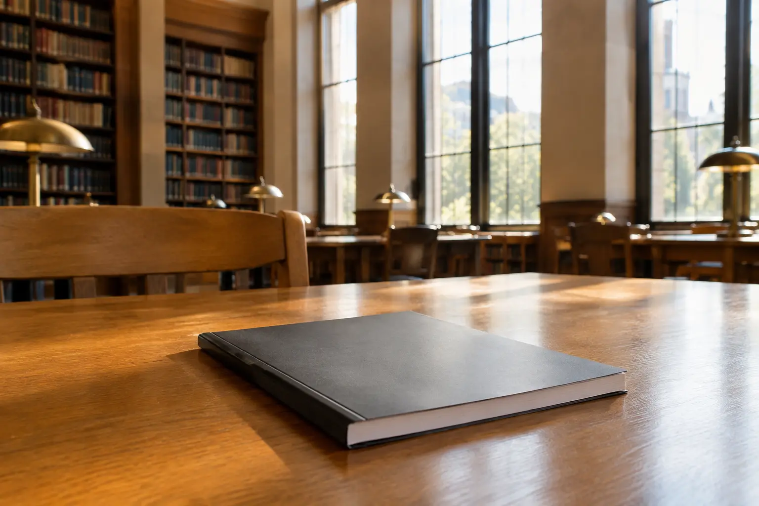 A bound A4 thesis on a table in a university library reading room