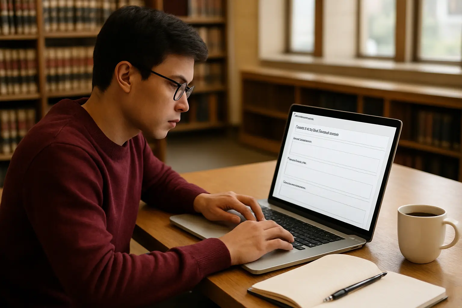 A student drafts a thesis abstract in a structured workspace with prompt fields for research question, case and framework