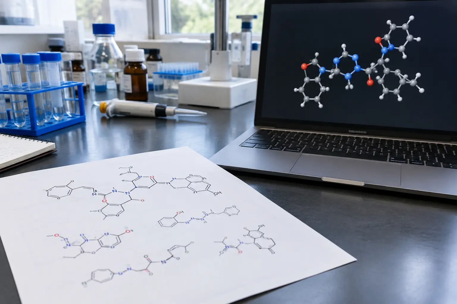 Close-up of a printed chemical structure diagram beside a laptop on a lab bench